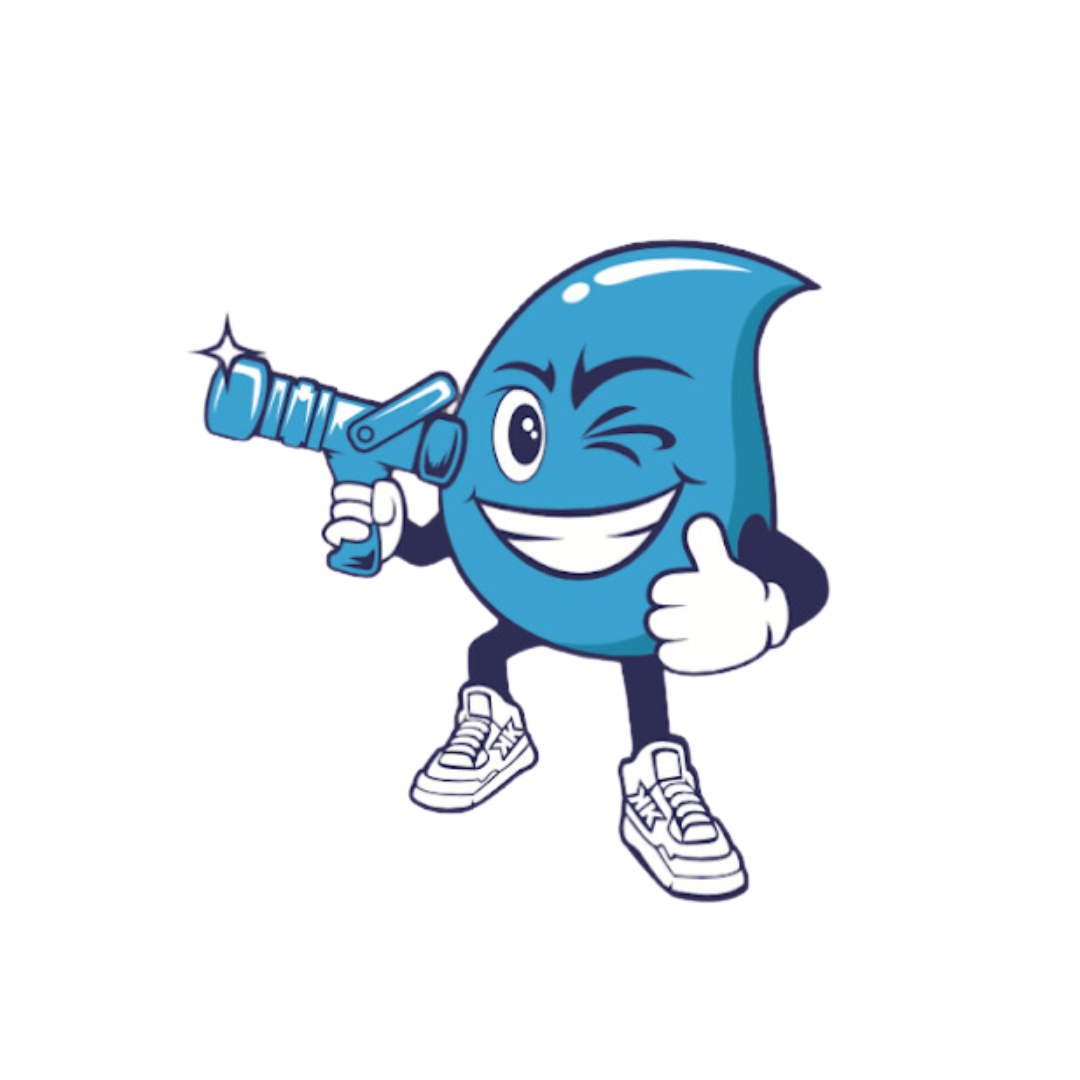 Cartoon water drop with squirt gun winking inside of a white blob