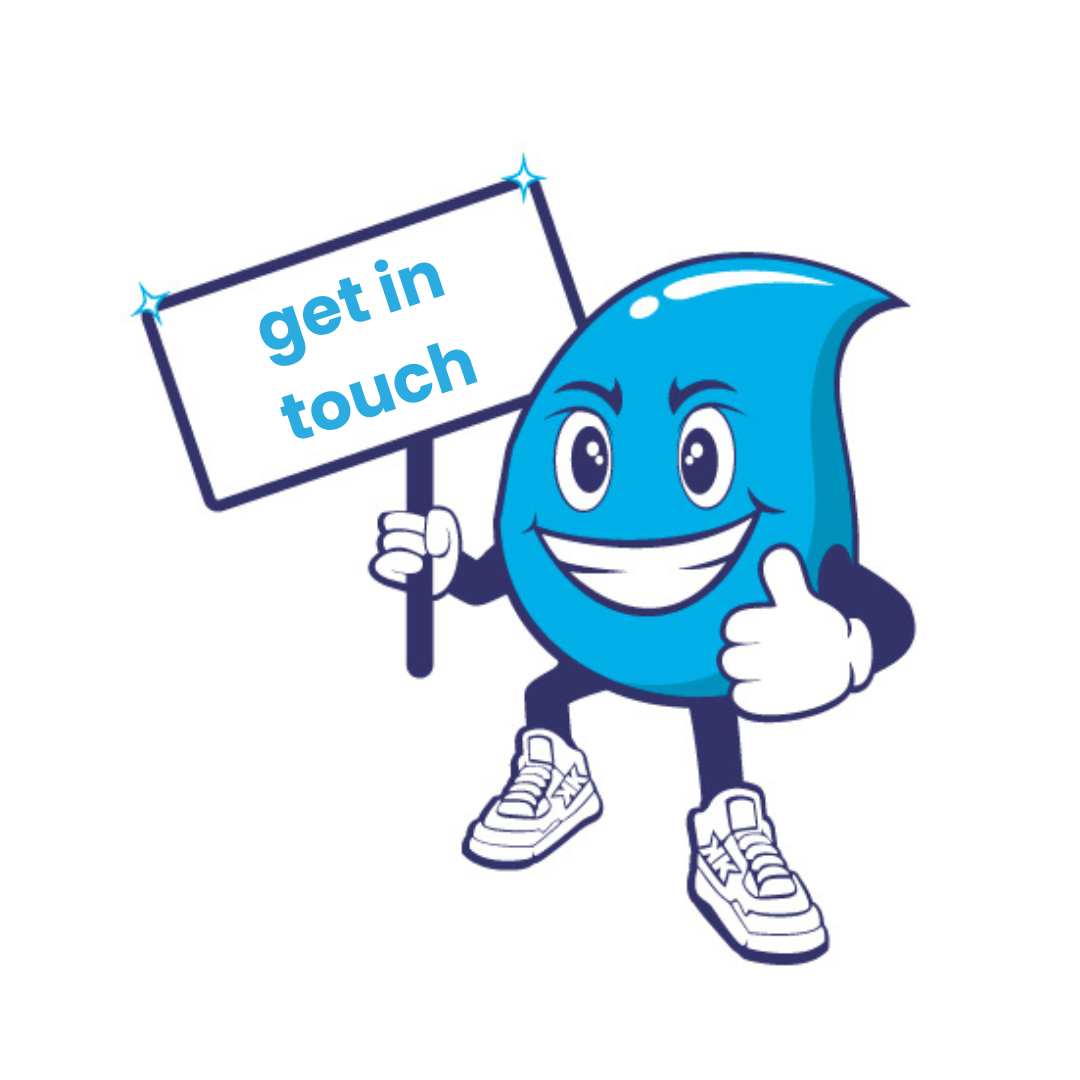 Cartoon water drop with whiteboard that says "Get in Touch"