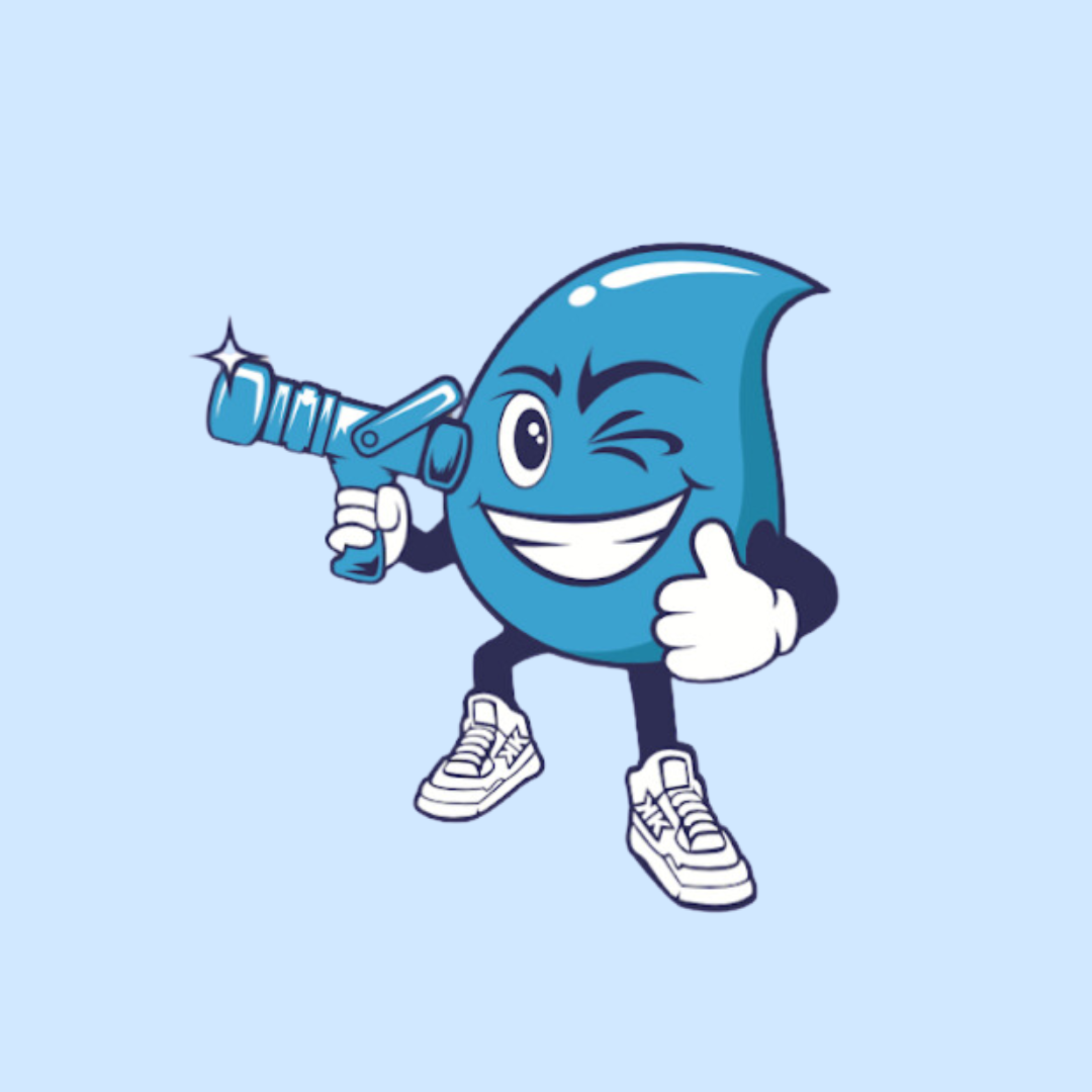 Cartoon water drop with squirt gun winking inside of a blue blob