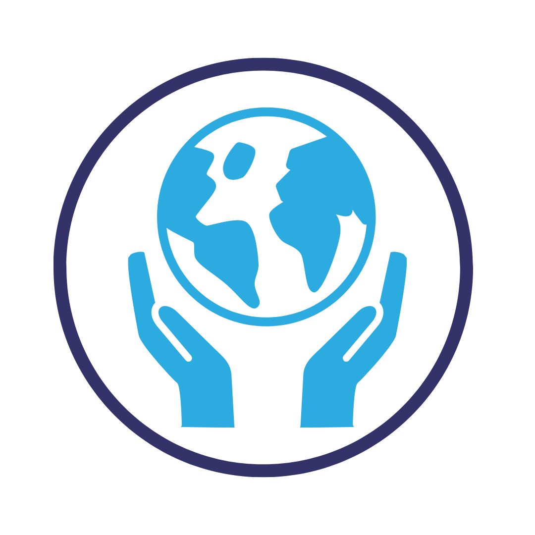 Hands holding an earth icon within a circle