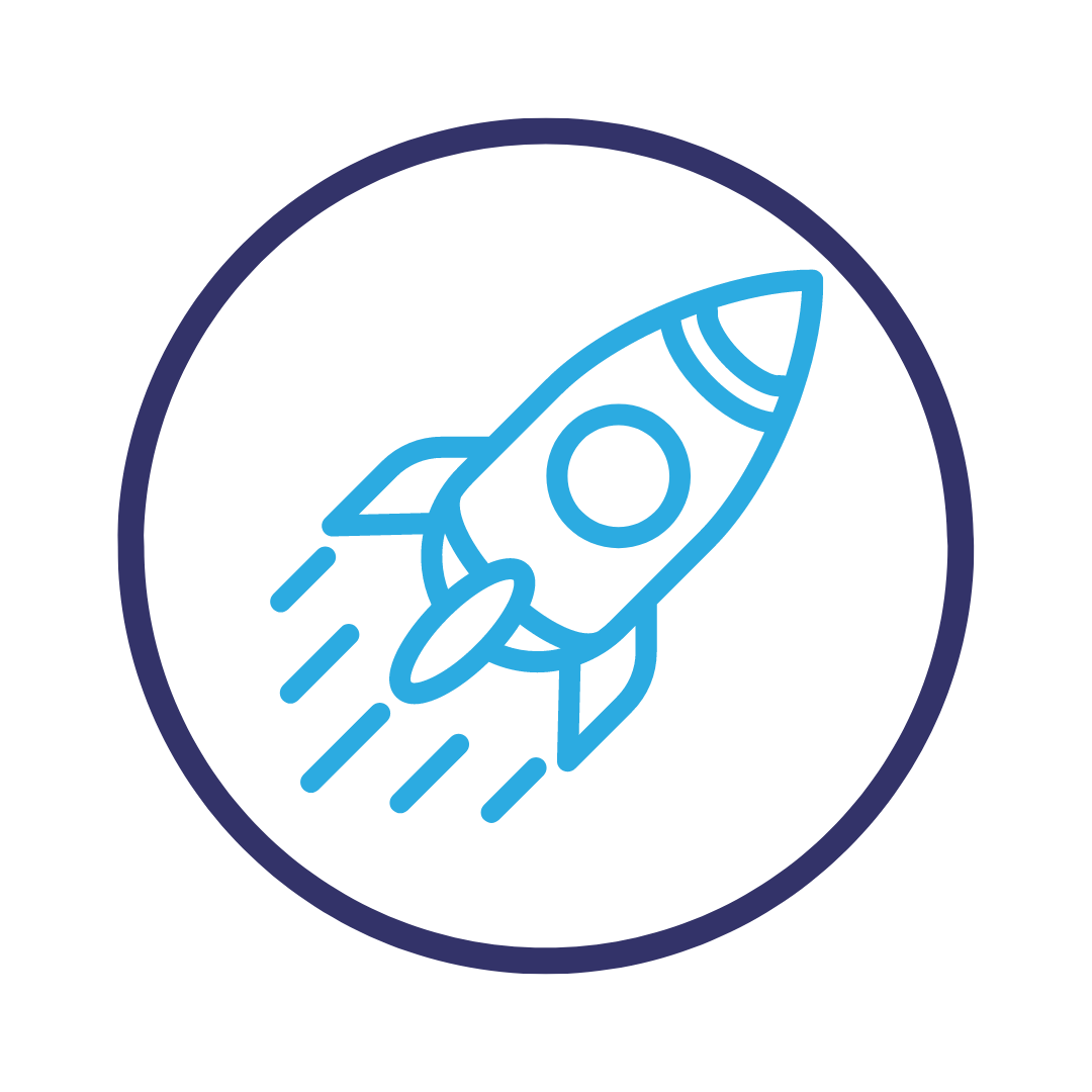 Rocket taking off icon within a circle