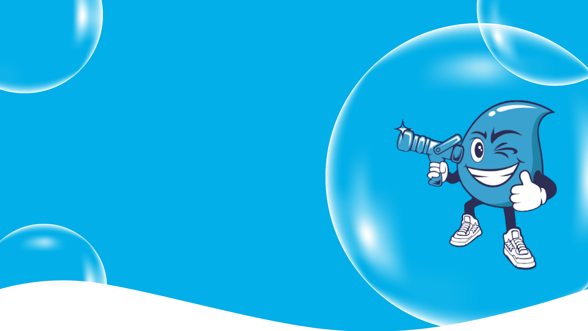 Banner image with blue background, clear bubbles and Cartoon water drop with squirt gun winking 