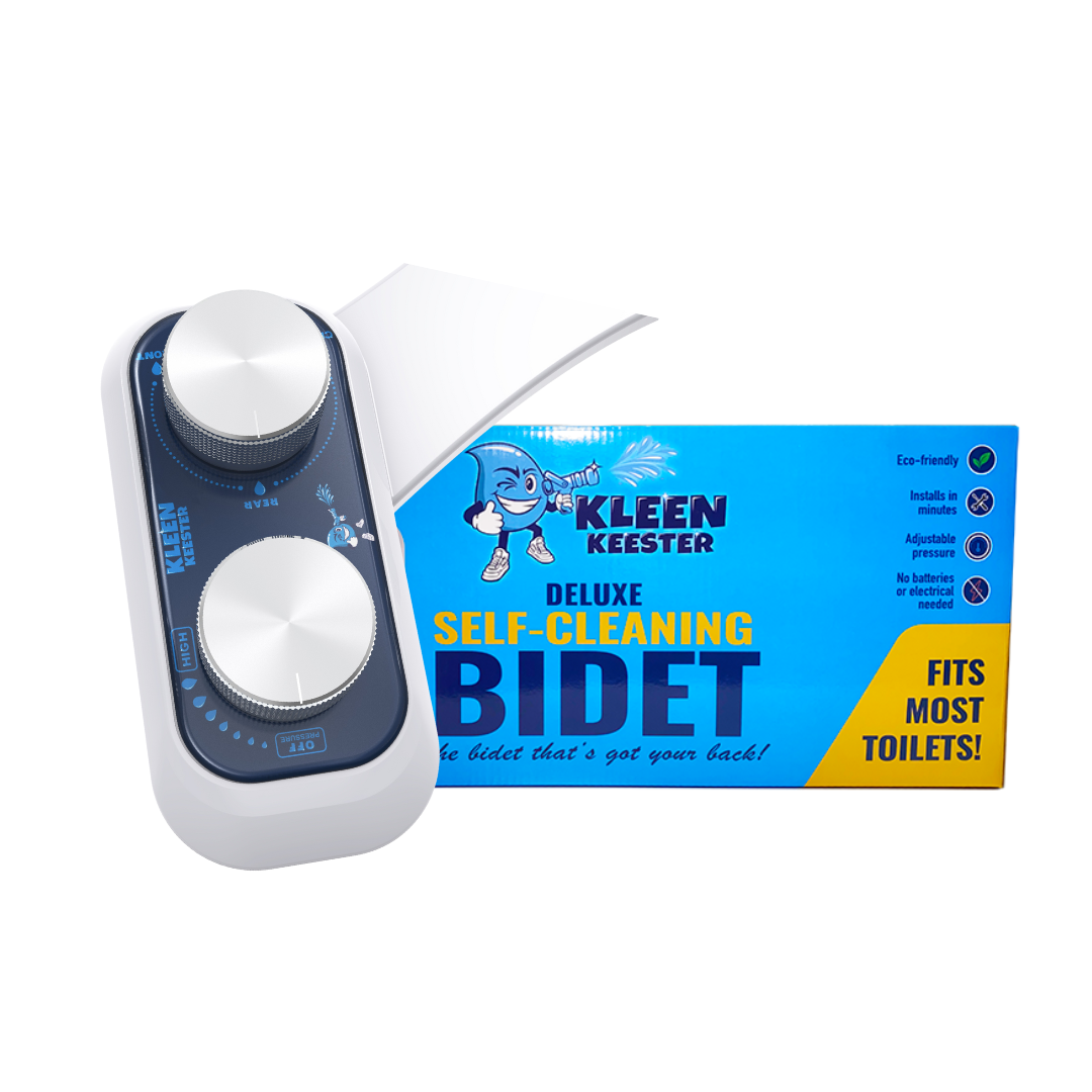 Image of the bidet outside of the package with the package placed behind it